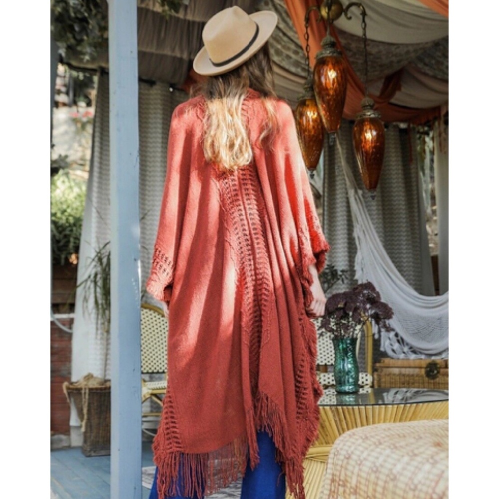 SOLD OUT Rust Knit Open Work Frayed Border Bohemian Ruana Wrap - Picture 2 of 2